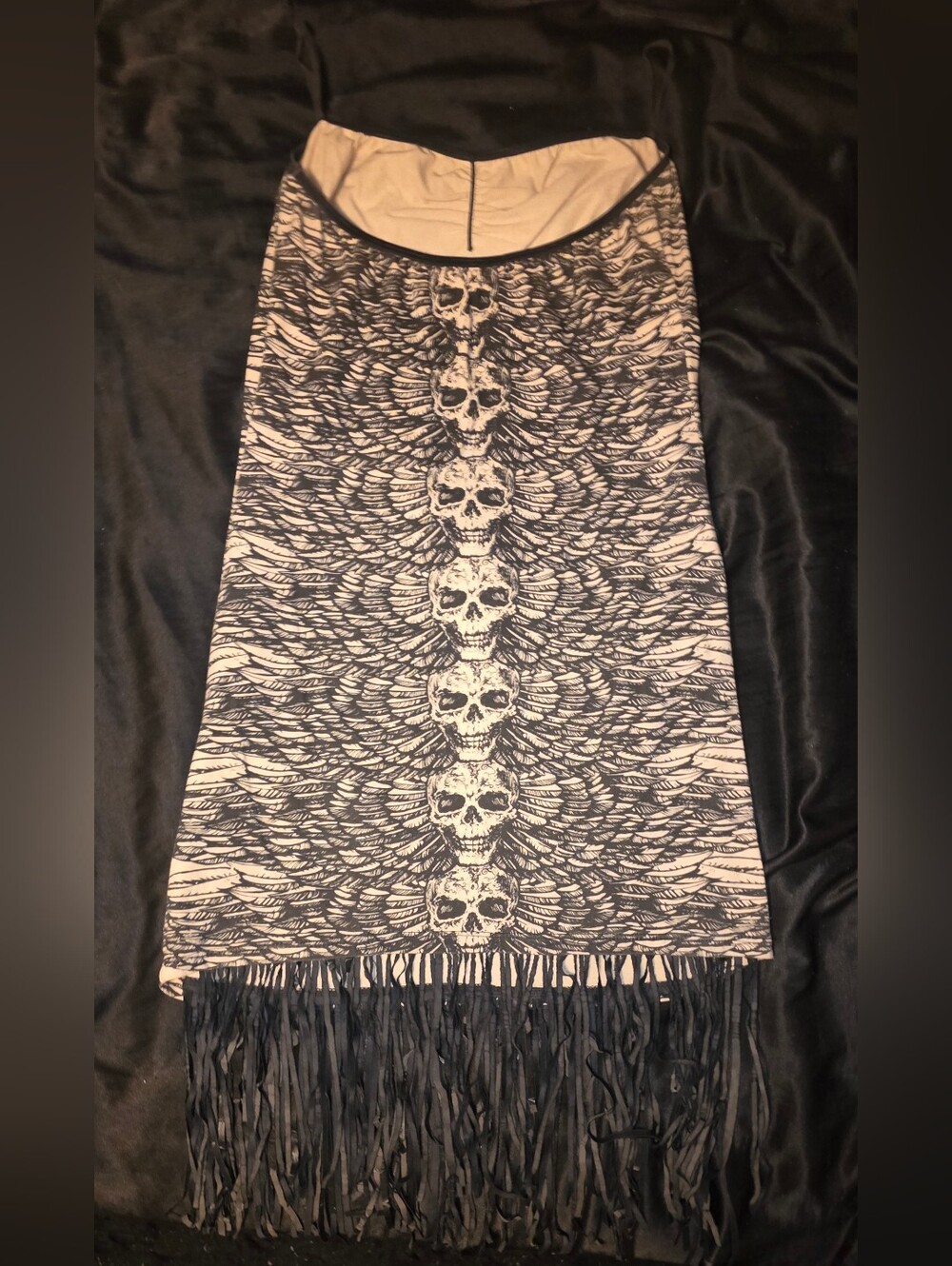 Vtg Lip Service white blk graphic skull wings tube top bodycon fringe dress XL - Picture 5 of 16